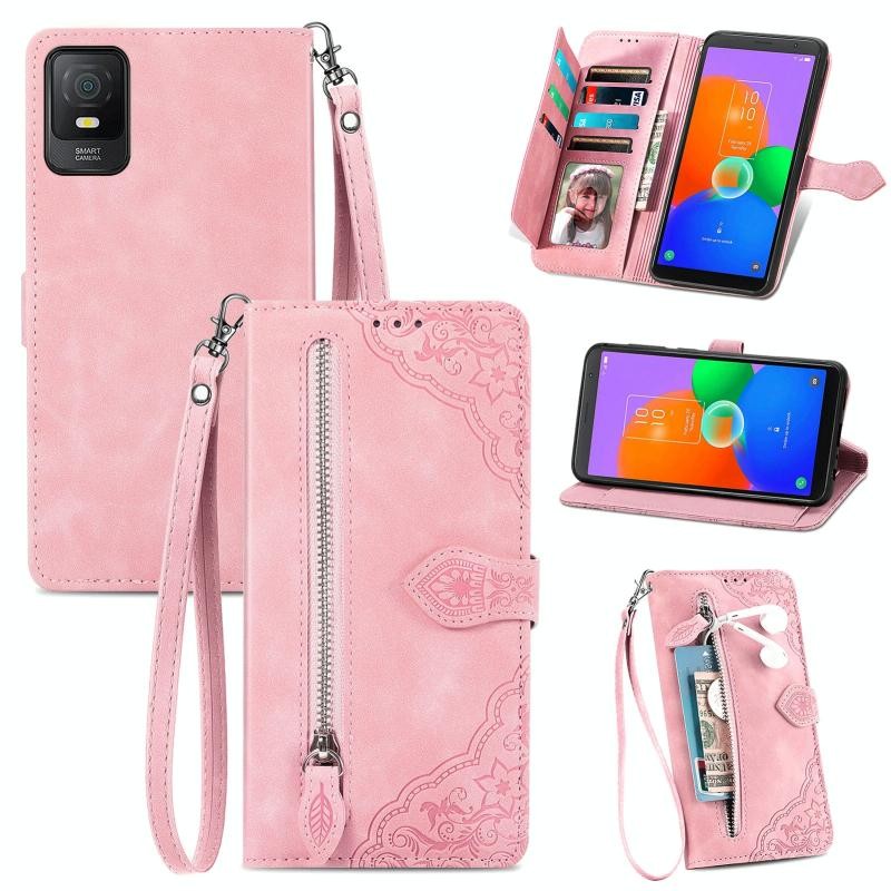 TCL 403 Flower Zipper Θήκη Πορτοφόλι Pink