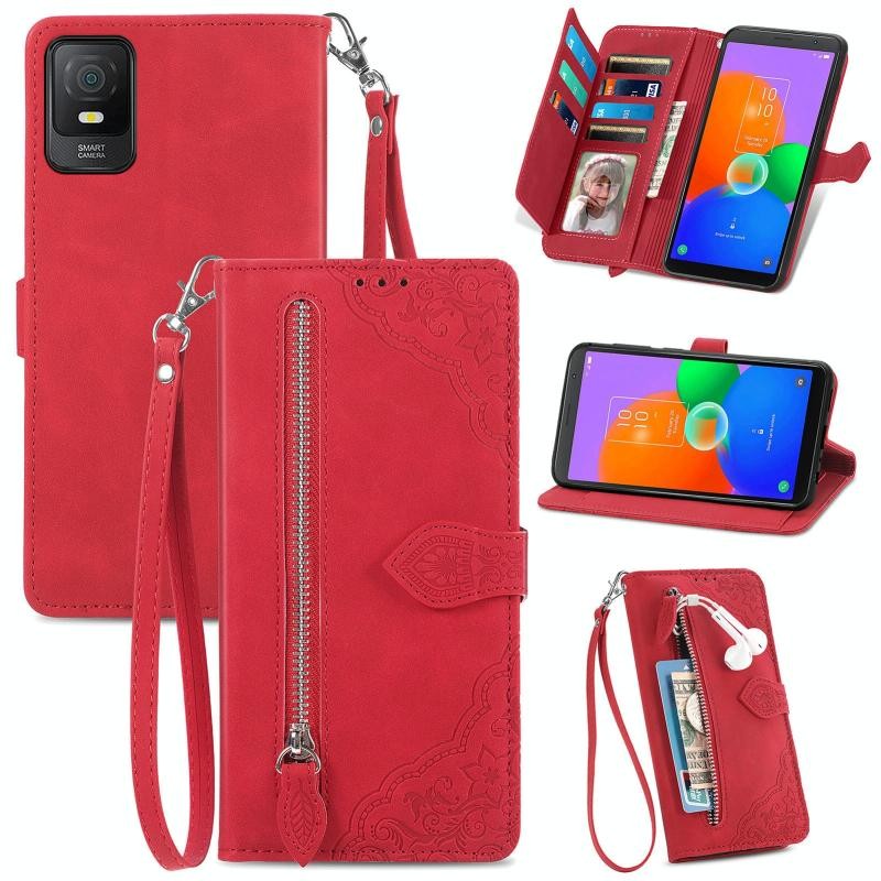 TCL 403 Flower Zipper Θήκη Πορτοφόλι Red