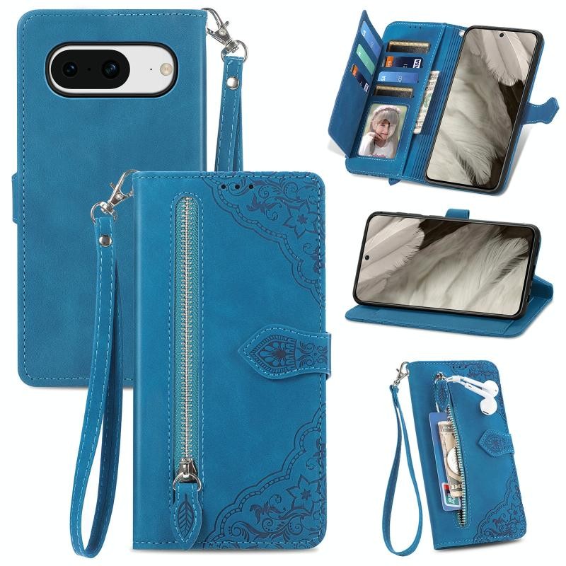 Google Pixel 8 5G Flower Zipper Θήκη Πορτοφόλι Blue