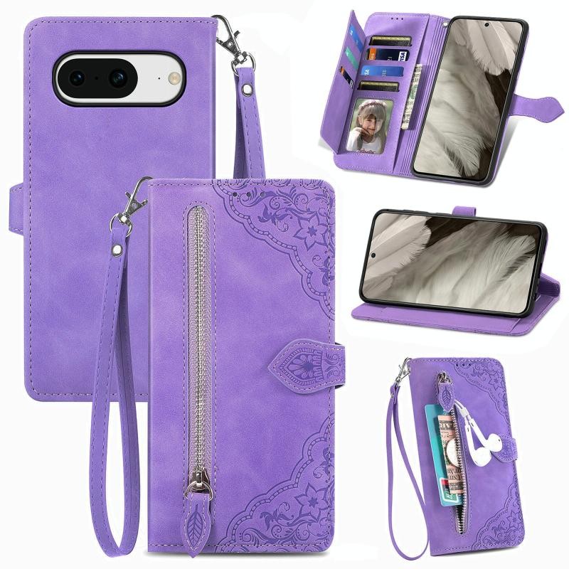 Google Pixel 8 5G Flower Zipper Θήκη Πορτοφόλι Purple
