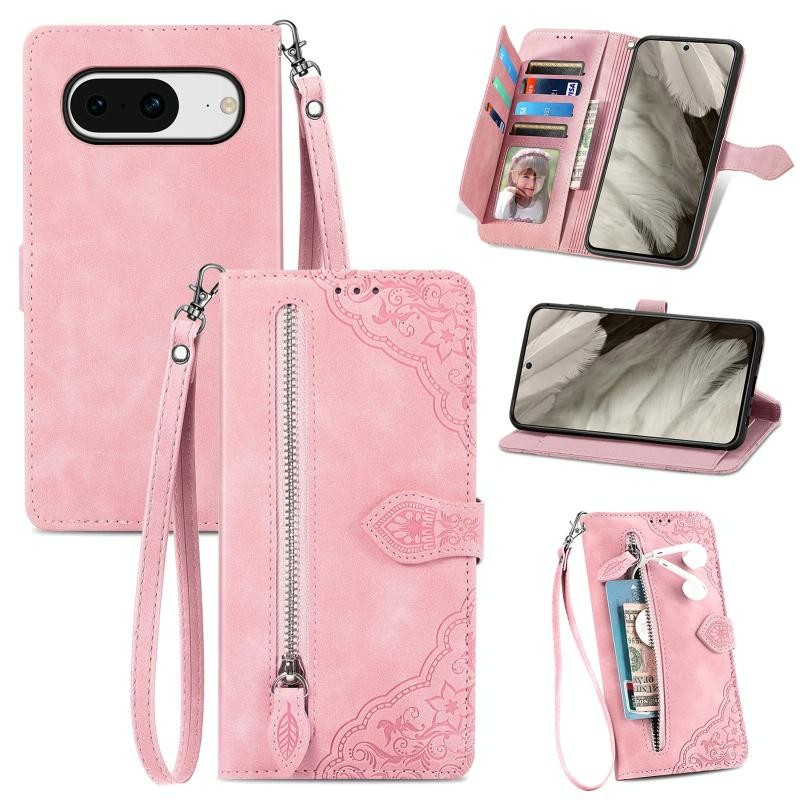 Google Pixel 8 5G Flower Zipper Θήκη Πορτοφόλι Pink