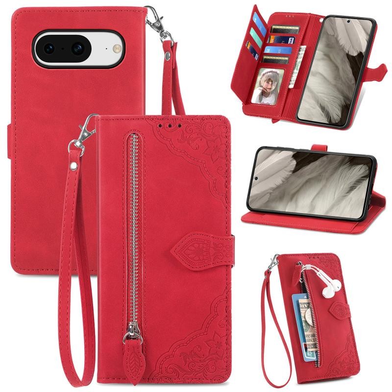 Google Pixel 8 5G Flower Zipper Θήκη Πορτοφόλι Red