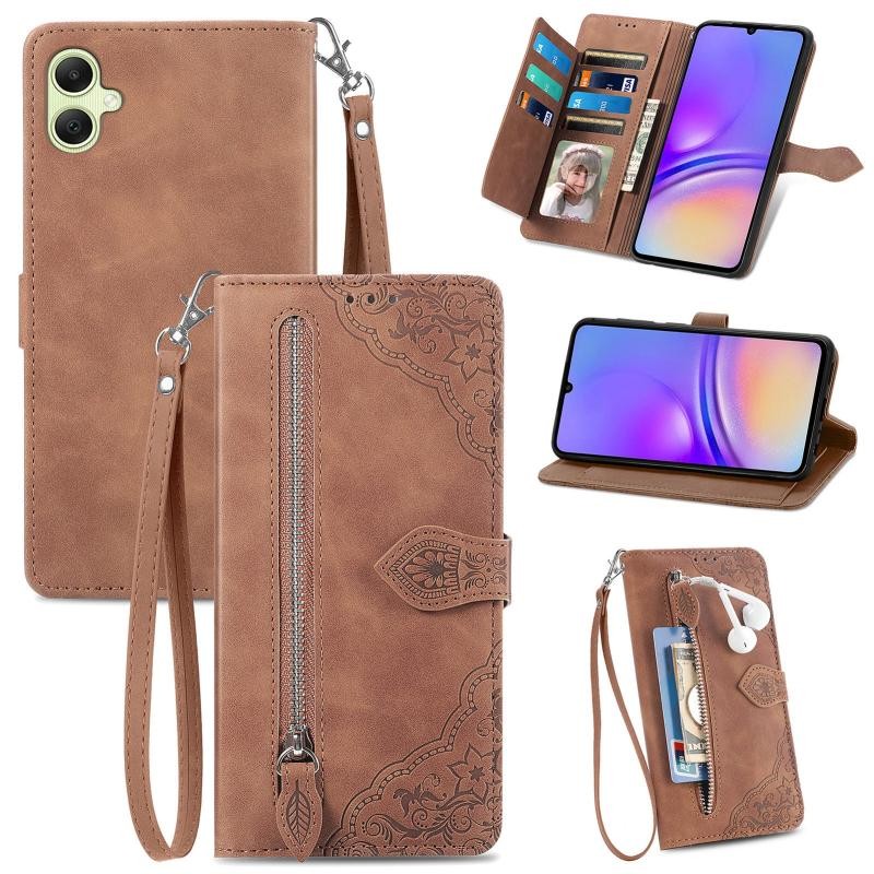 Samsung Galaxy A05 Flower Zipper Θήκη Πορτοφόλι Brown