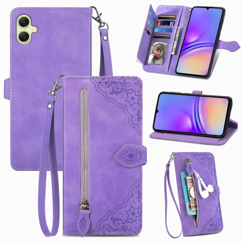 Samsung Galaxy A05 Flower Zipper Θήκη Πορτοφόλι Purple