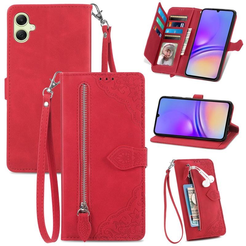 Samsung Galaxy A05 Flower Zipper Θήκη Πορτοφόλι Red