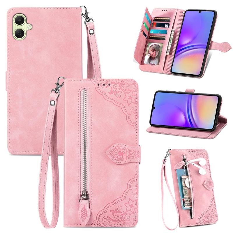 Samsung Galaxy A05 Flower Zipper Θήκη Πορτοφόλι Pink