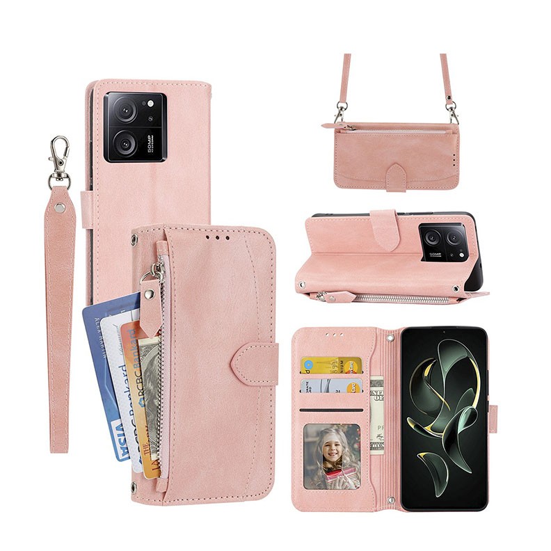 Xiaomi 13T / 13T Pro Skin Zipper Θήκη Πορτοφόλι με Λουράκι Pink