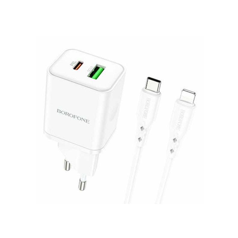 Borofone BN7 Φορτιστής με Θύρα USB-A και Θύρα USB-C και Καλώδιο Lightning 20W White
