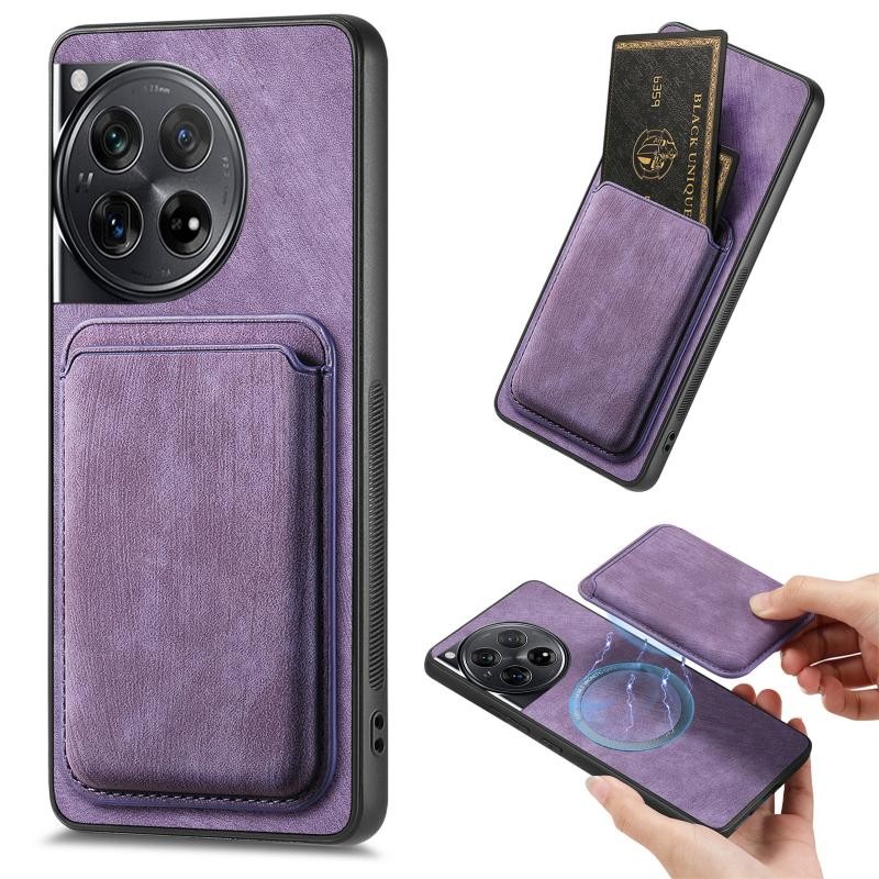 OnePlus 12 5G Retro Leather Card Bag Magnetic Phone Case Purple
