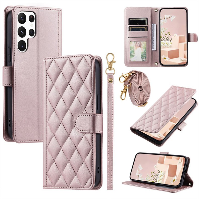 Samsung Galaxy S24 Ultra 5G Puff Rhombus Θήκη Πορτοφόλι με Λουράκι Rose Gold