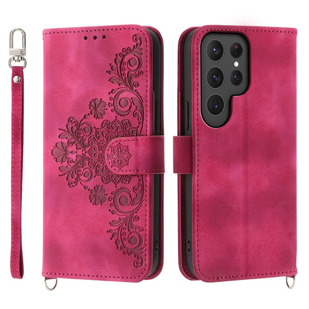 Samsung Galaxy S24 Ultra 5G Flowers Embossed Θήκη Πορτοφόλι με Λουράκι Wine Red