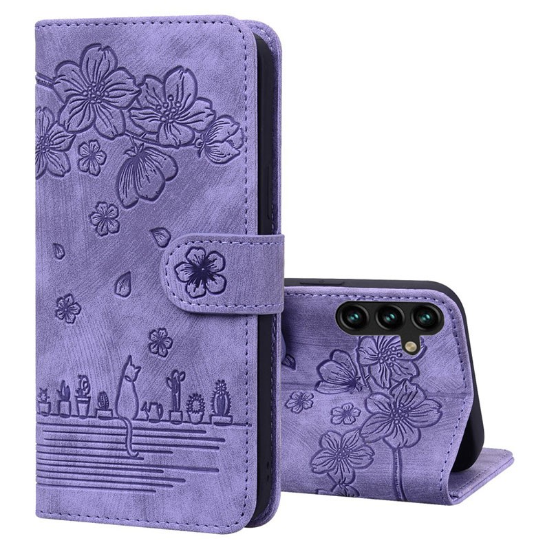 Samsung Galaxy A25 5G Cherry Blossom Cat  Θήκη Πορτοφόλι Purple