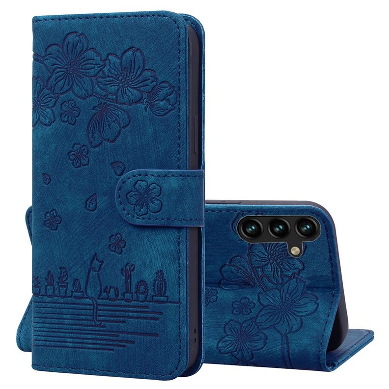 Samsung Galaxy A25 5G Cherry Blossom Cat  Θήκη Πορτοφόλι Blue