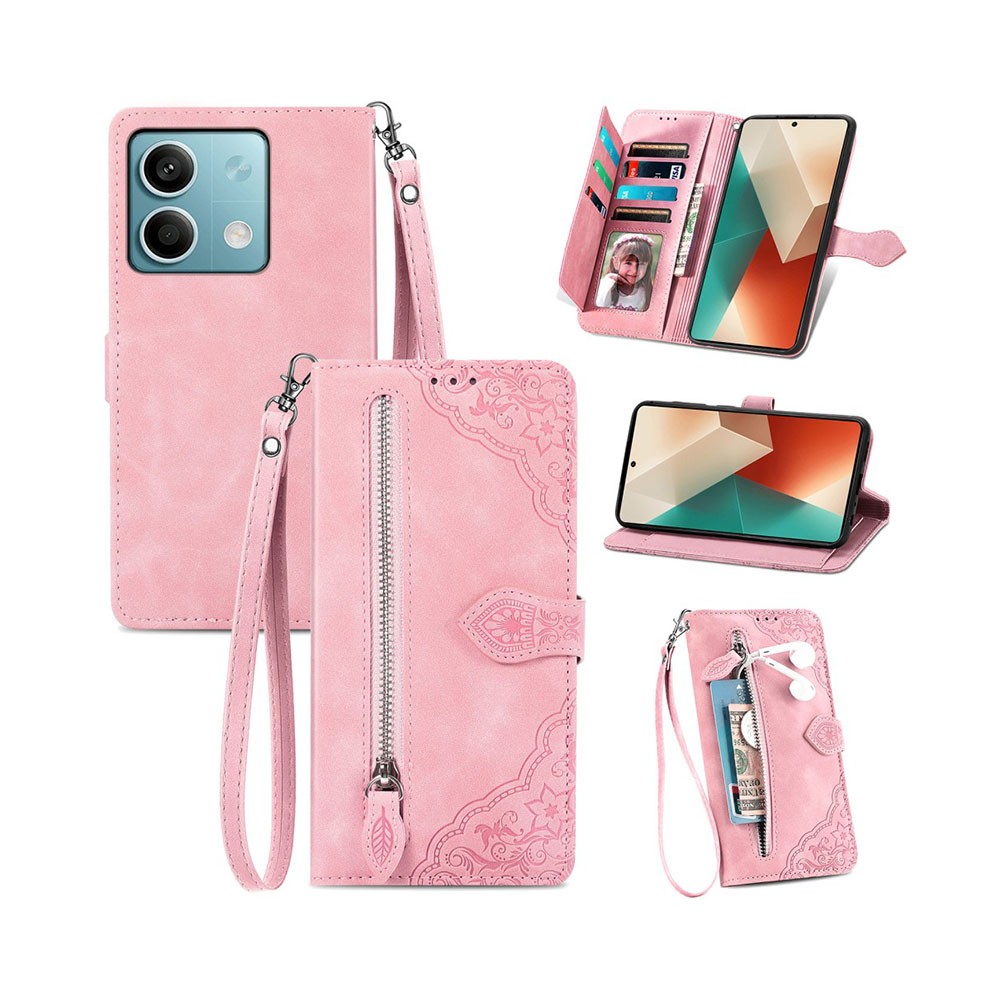 Xiaomi Redmi Note 13 4G Flower Zipper Θήκη Πορτοφόλι Pink