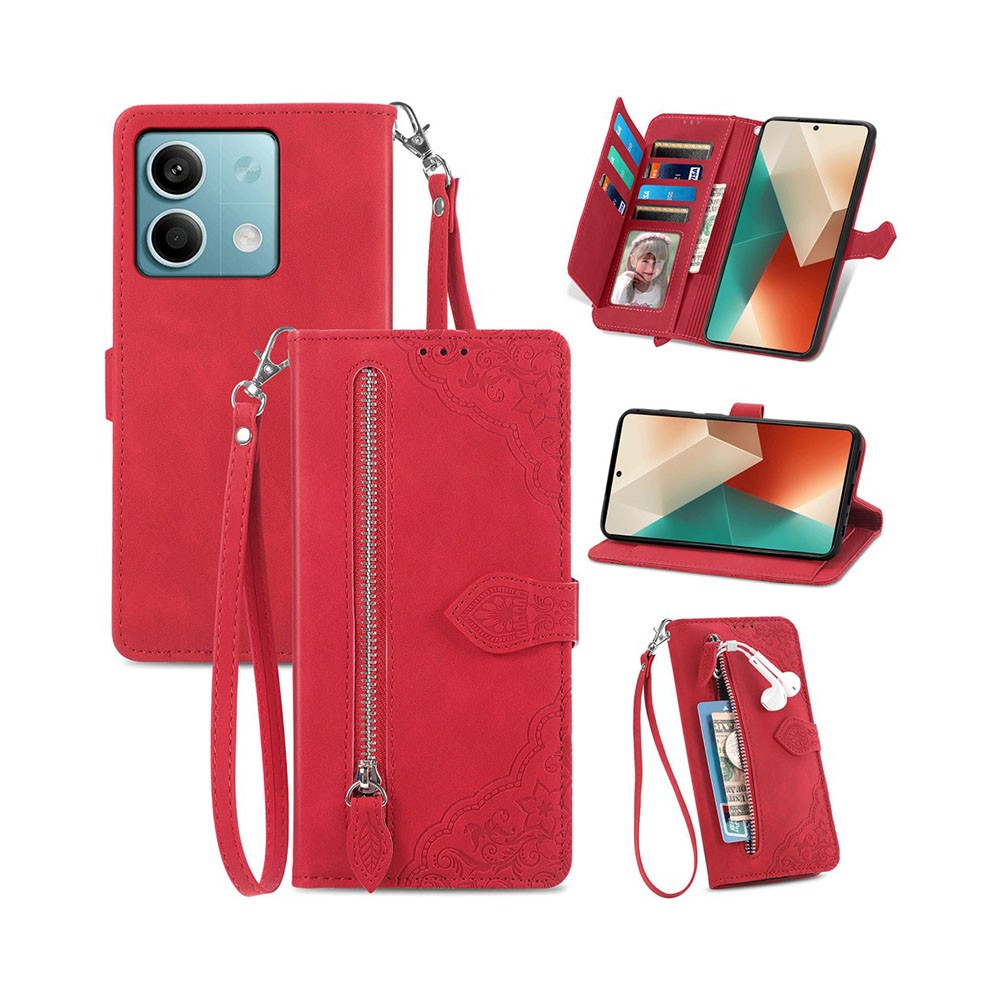 Xiaomi Redmi Note 13 4G Flower Zipper Θήκη Πορτοφόλι Red