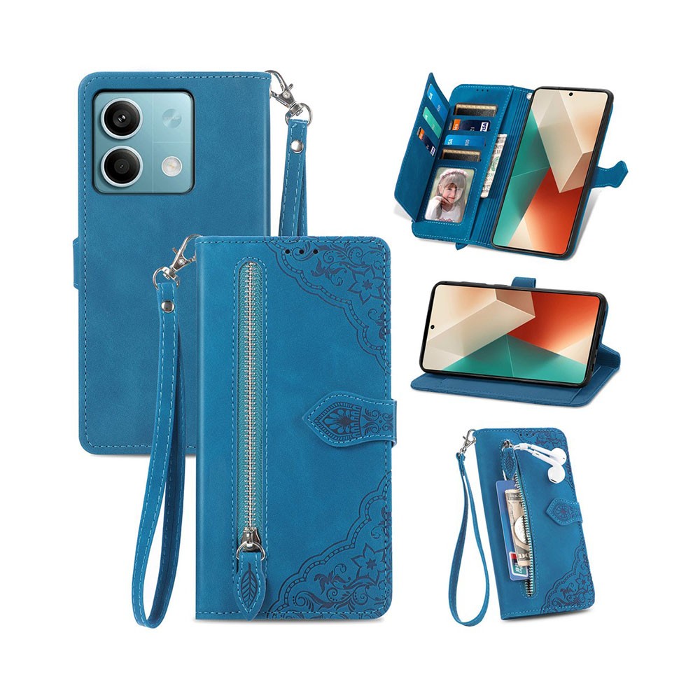 Xiaomi Redmi Note 13 4G Flower Zipper Θήκη Πορτοφόλι Blue