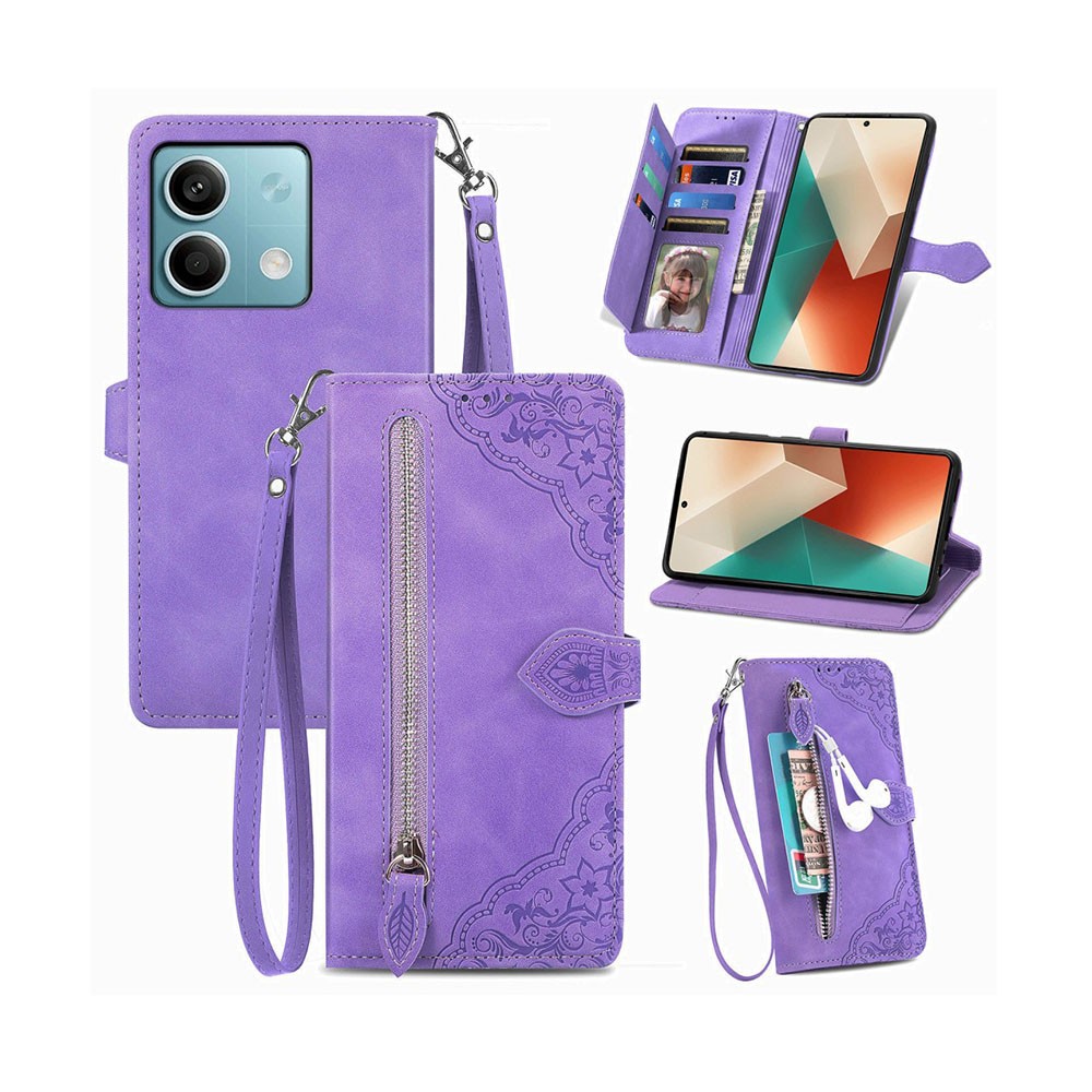 Xiaomi Redmi Note 13 4G Flower Zipper Θήκη Πορτοφόλι Purple