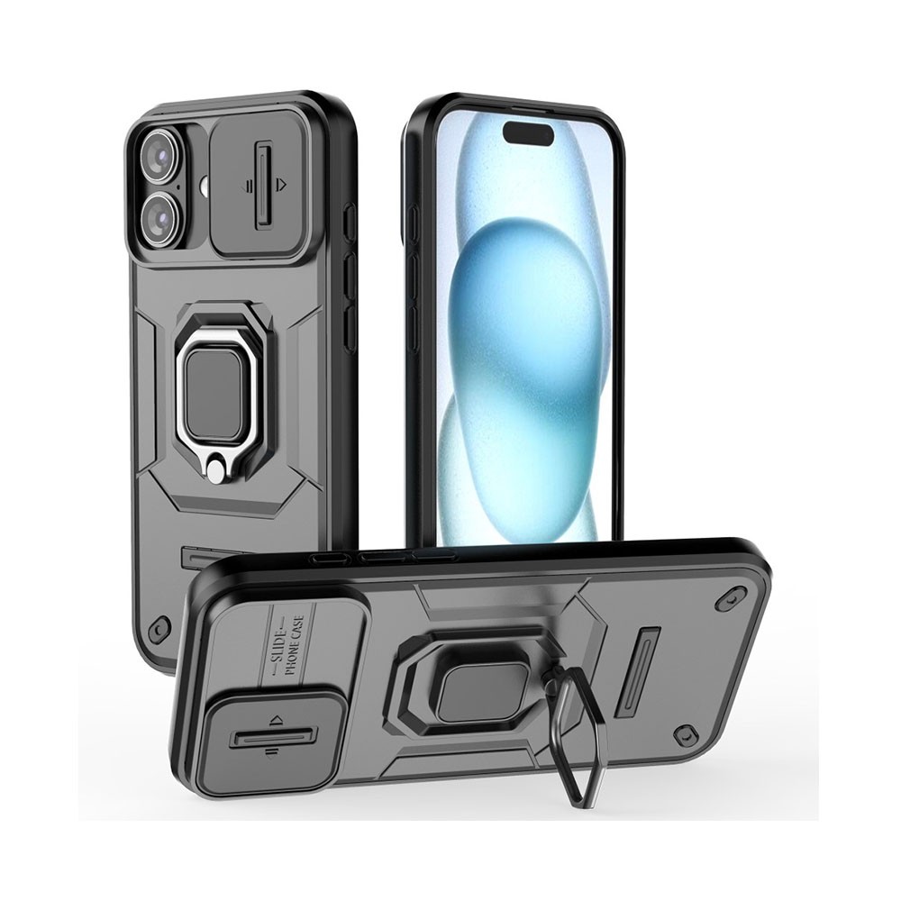 Apple iPhone 16 Plus Sliding Camshield Σκληρή Θήκη με Δαχτυλίδι Black