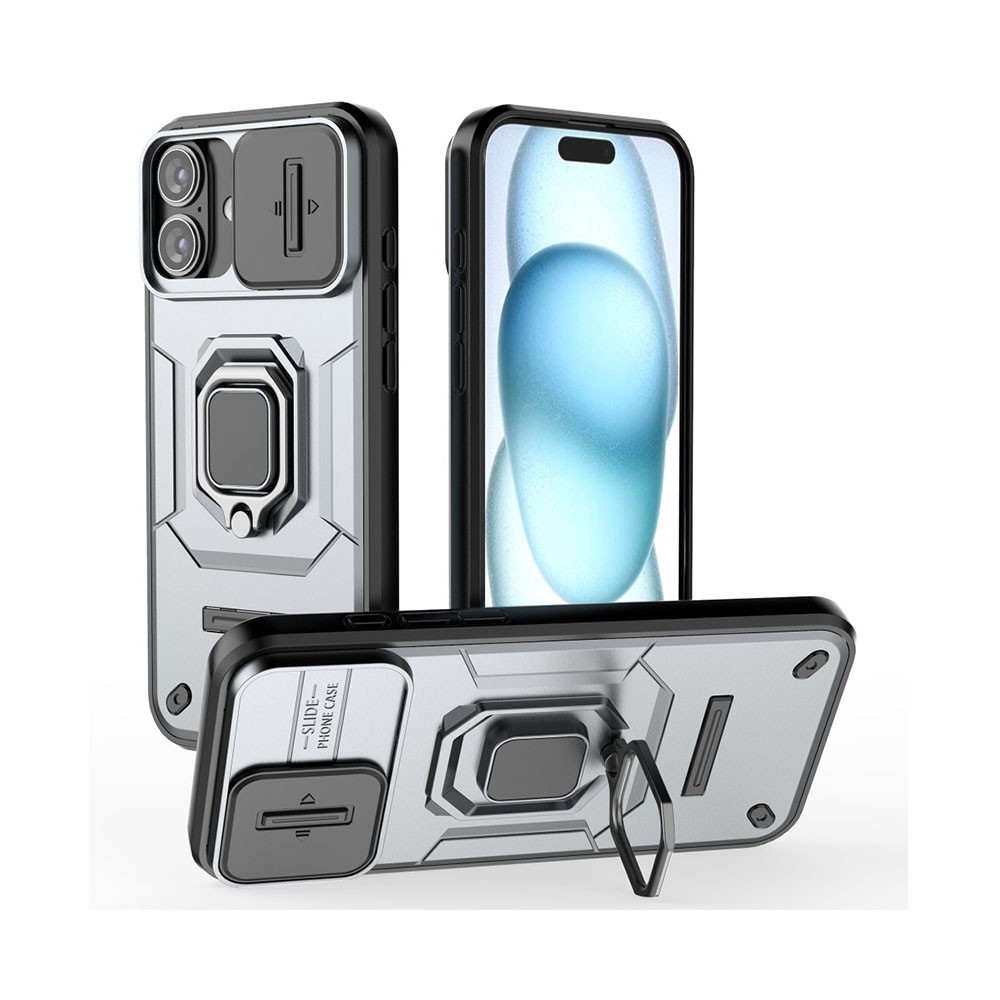 Apple iPhone 16 Plus Sliding Camshield Σκληρή Θήκη με Δαχτυλίδι Grey