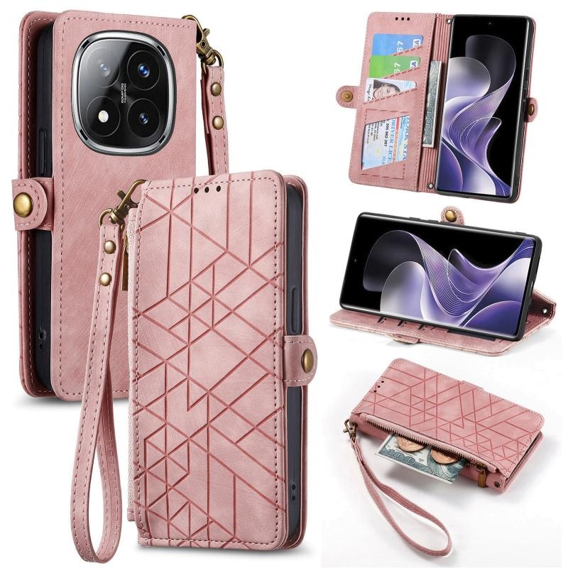 Xiaomi Redmi Note 14 Pro Plus 5G Geometry Zipper Θήκη Πορτοφόλι Pink