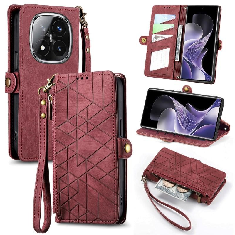 Xiaomi Redmi Note 14 Pro Plus 5G Geometry Zipper Θήκη Πορτοφόλι Wine Red