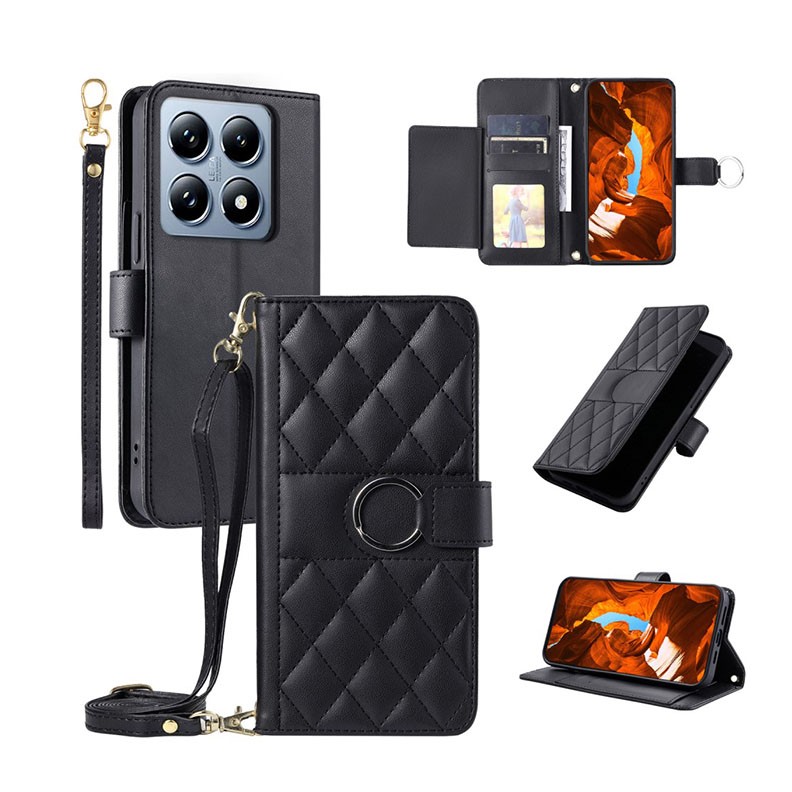 Xiaomi 14T Pro 5G Puff Rhombus Θήκη Πορτοφόλι με Λουράκι Black