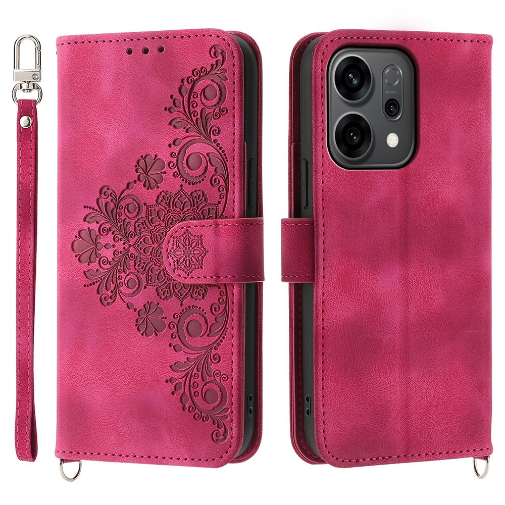 Oppo Reno14 F 5G Flowers Embossed Θήκη Πορτοφόλι με Λουράκι Wine Red