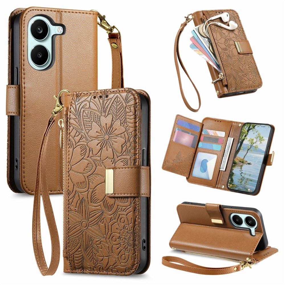 Xiaomi Poco X8 Pro 5G Floral Zipper Θήκη Πορτοφόλι Brown