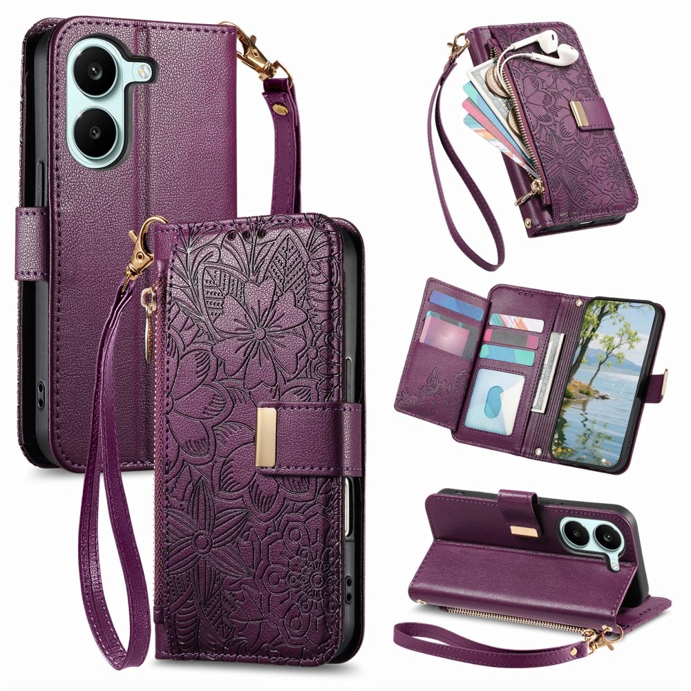 Xiaomi Poco X8 Pro 5G Floral Zipper Θήκη Πορτοφόλι Purple