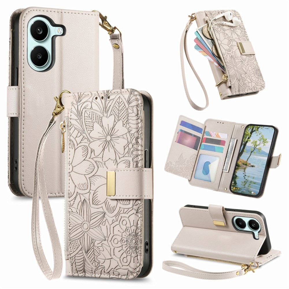 Xiaomi Poco X8 Pro 5G Floral Zipper Θήκη Πορτοφόλι Cream