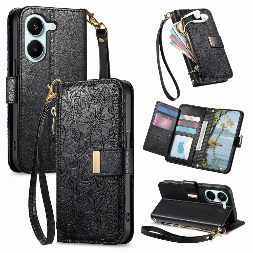 Xiaomi Poco X8 Pro 5G Floral Zipper Θήκη Πορτοφόλι Black