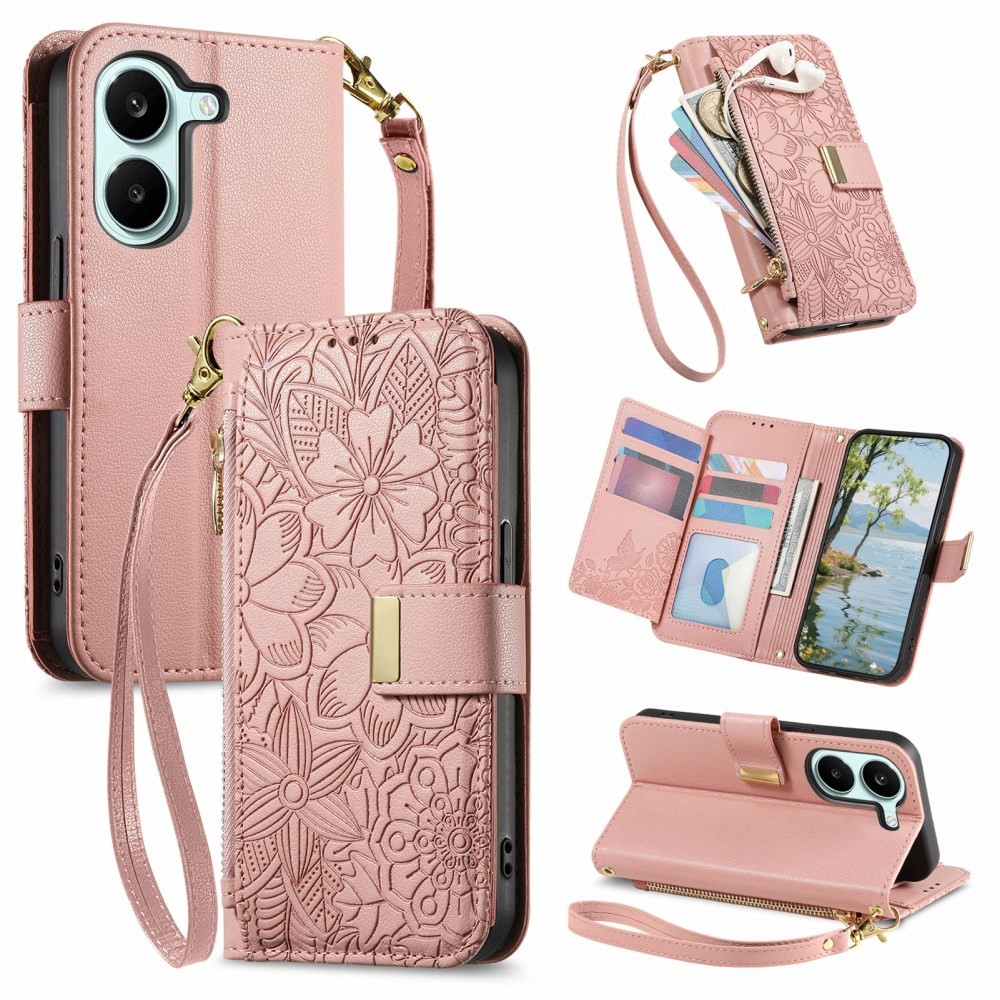 Xiaomi Poco X8 Pro 5G Floral Zipper Θήκη Πορτοφόλι Pink
