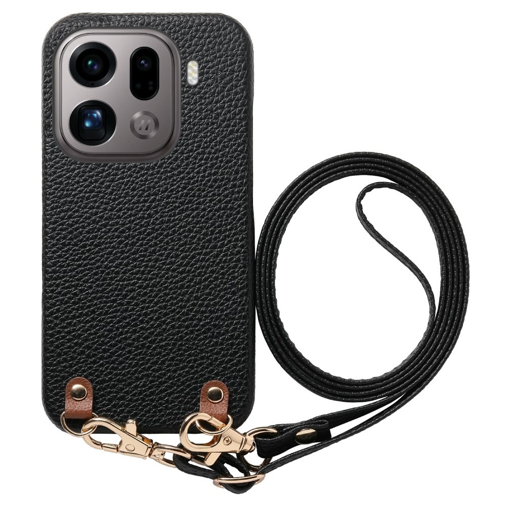 Oppo Find X9 Pro 5G Litchi Texture Σκληρή Θήκη με Λουράκι Black