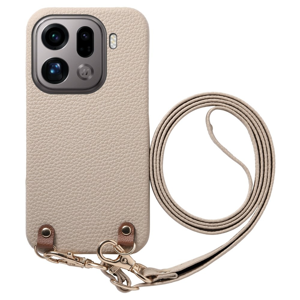 Oppo Find X9 Pro 5G Litchi Texture Σκληρή Θήκη με Λουράκι Beige