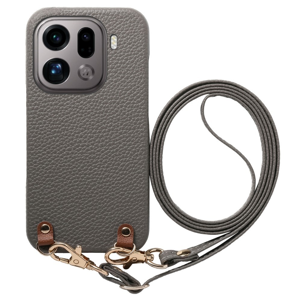 Oppo Find X9 Pro 5G Litchi Texture Σκληρή Θήκη με Λουράκι Mocha grey