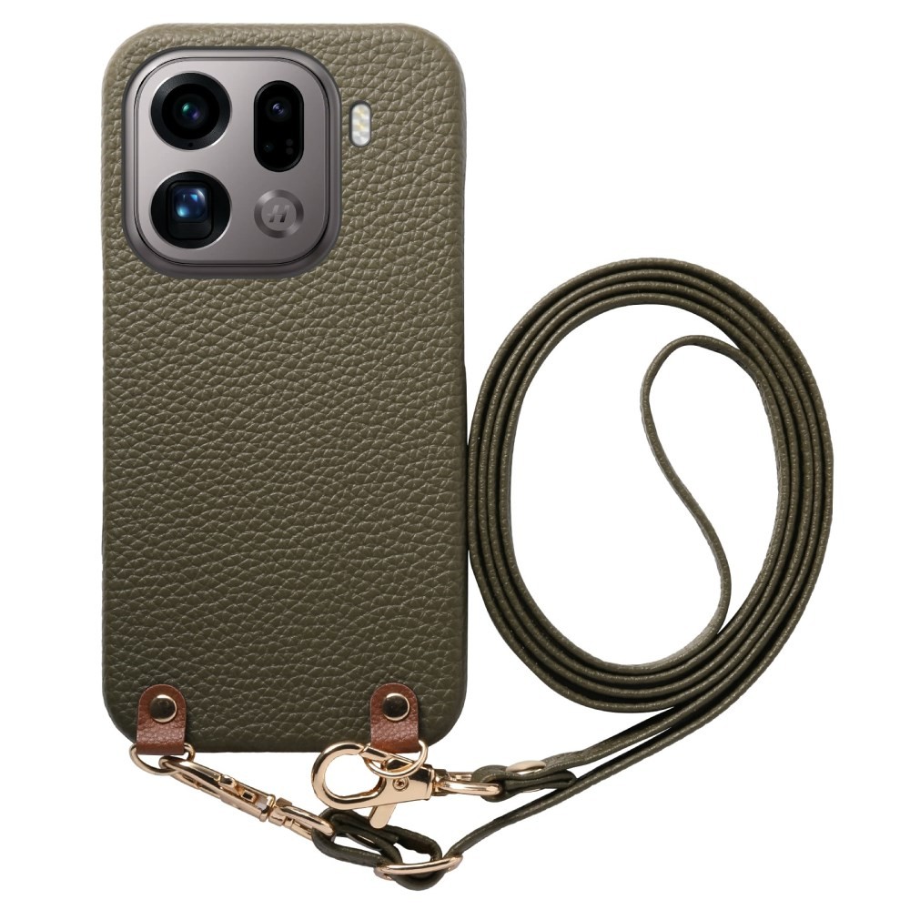 Oppo Find X9 Pro 5G Litchi Texture Σκληρή Θήκη με Λουράκι Olive Green