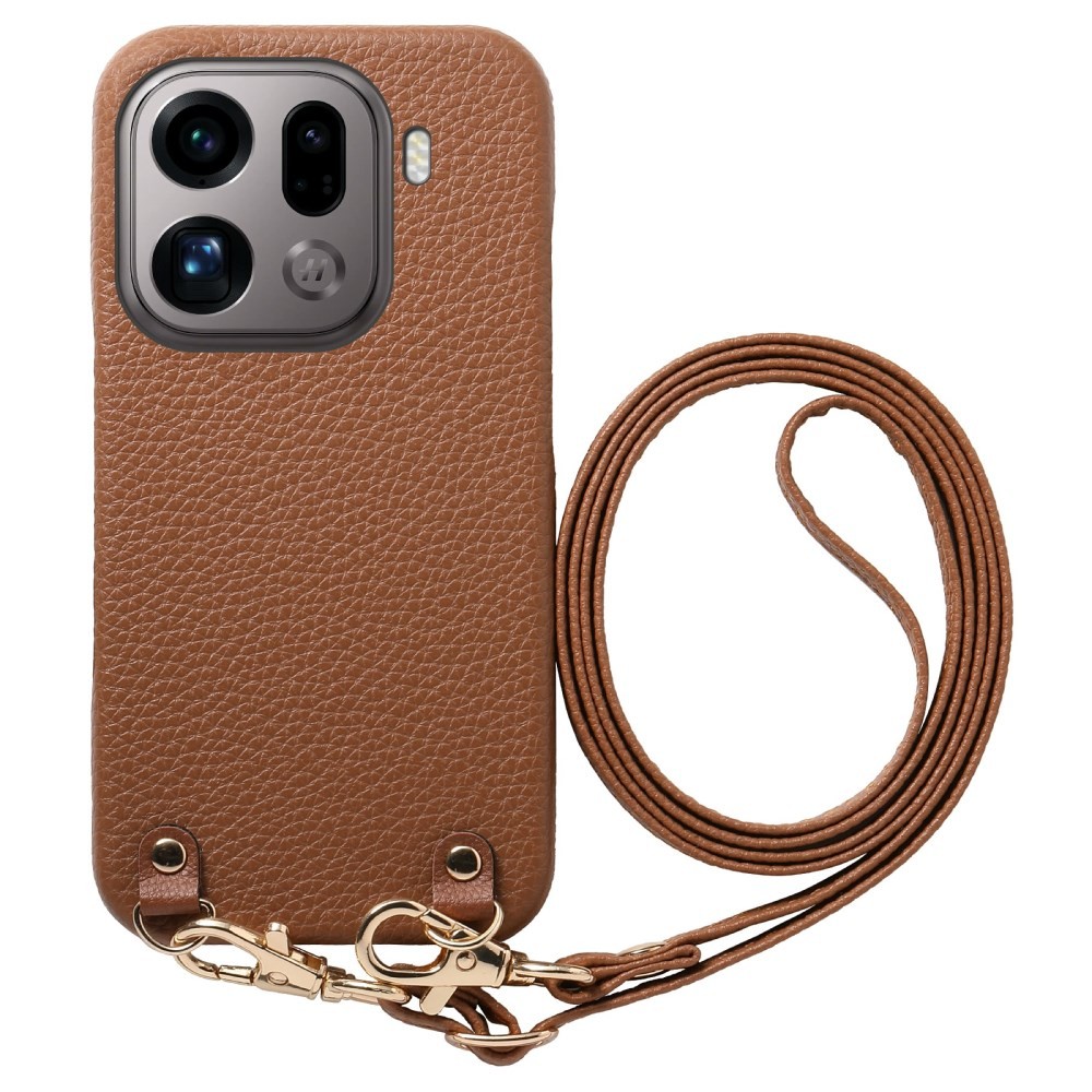 Oppo Find X9 Pro 5G Litchi Texture Σκληρή Θήκη με Λουράκι Brown