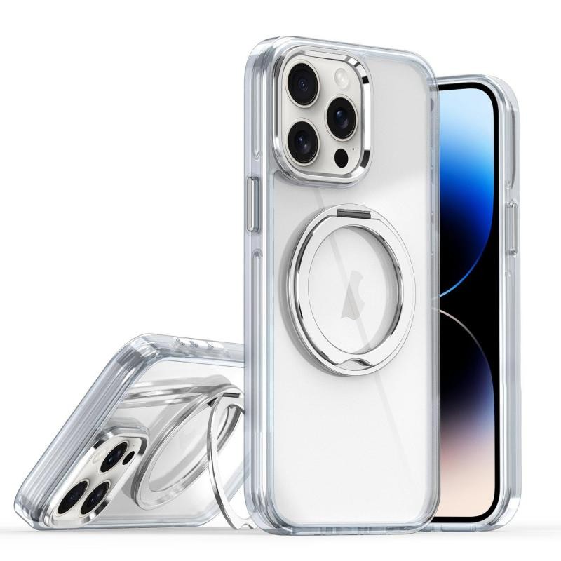 Apple iPhone 14 Pro Rotating Holder MagSafe Σκληρή Θήκη με Δαχτυλίδι Transparent/Silver