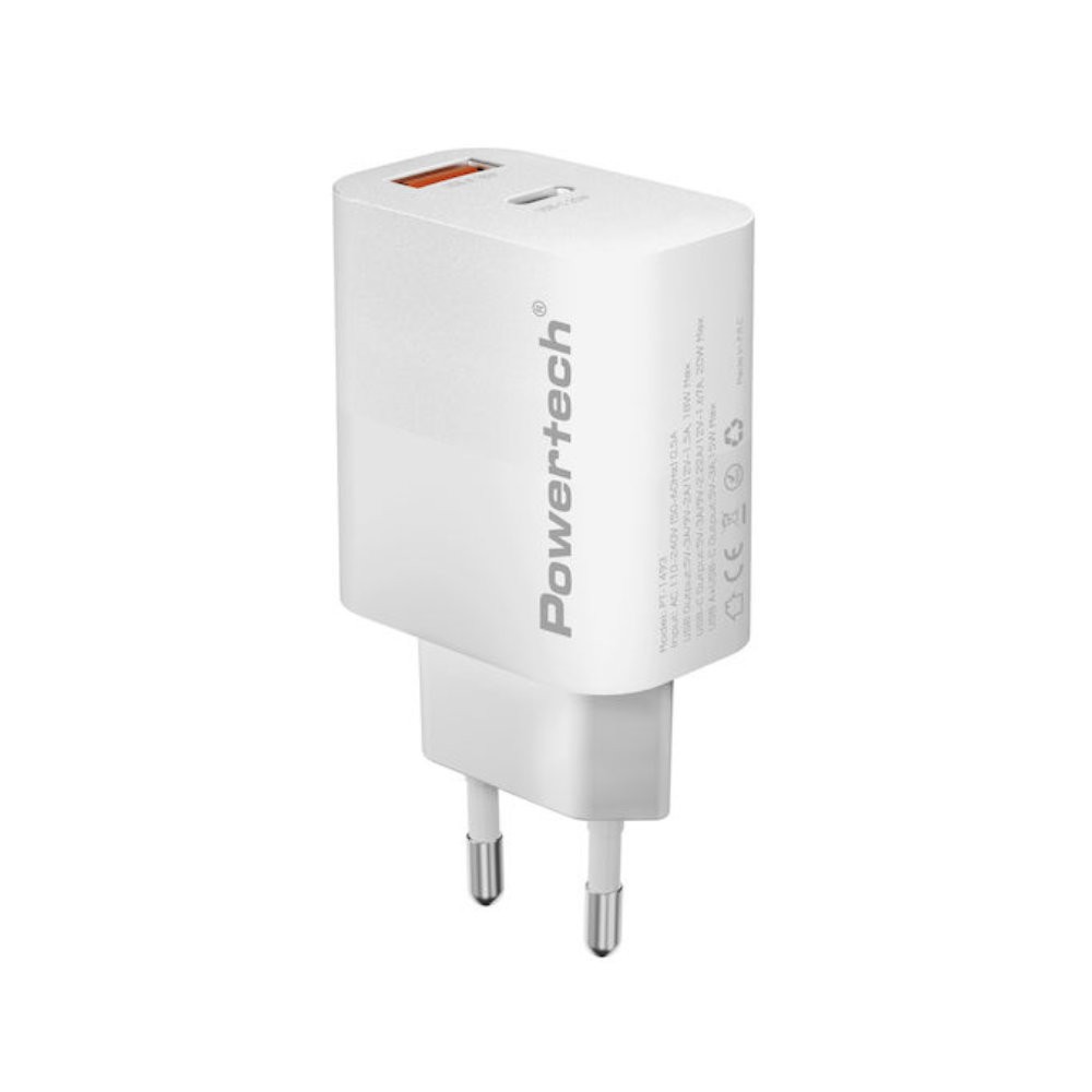 Powertech PT-1493 Φορτιστής Χωρίς Καλώδιο με Θύρα USB-A και Θύρα USB-C 20W White