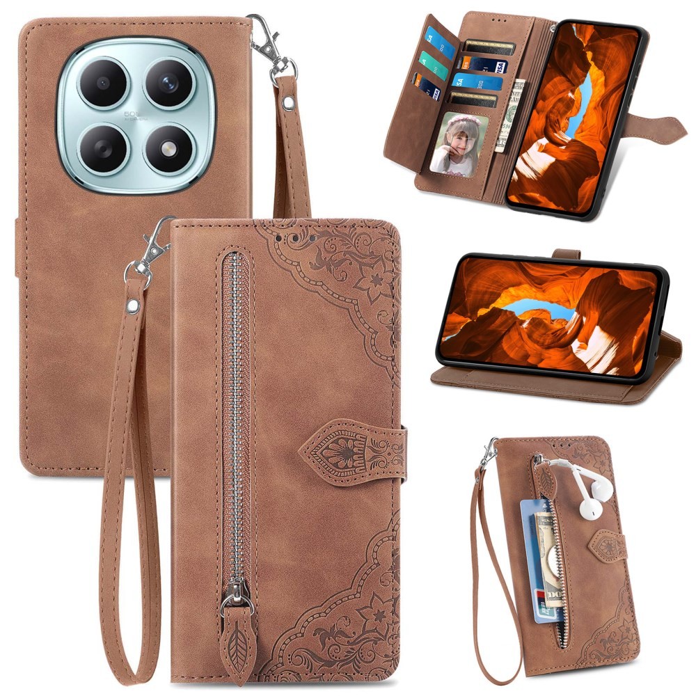 Xiaomi Redmi Note 15 5G/Poco M8 5G Flower Zipper Θήκη Πορτοφόλι Brown