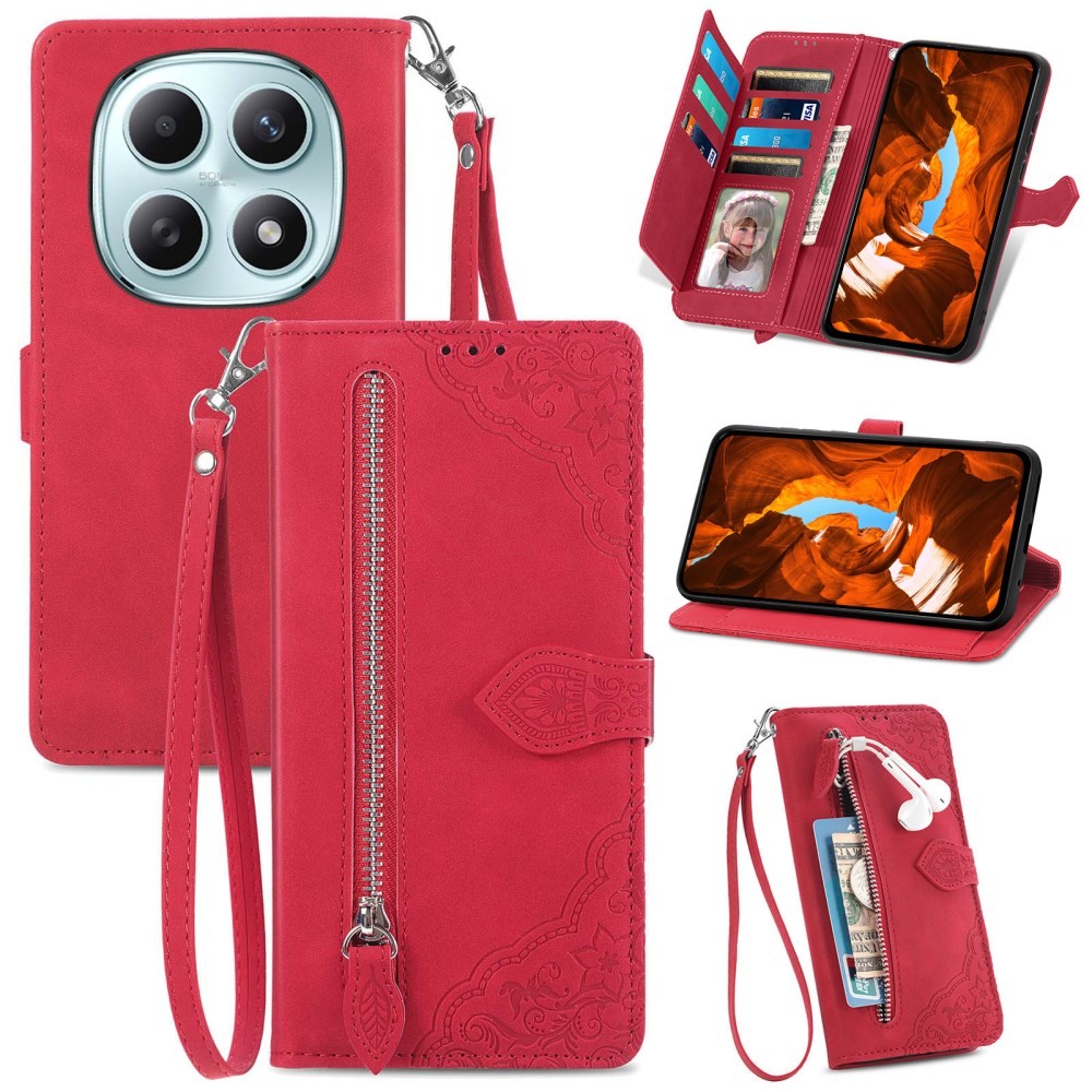 Xiaomi Redmi Note 15 5G/Poco M8 5G Flower Zipper Θήκη Πορτοφόλι Red