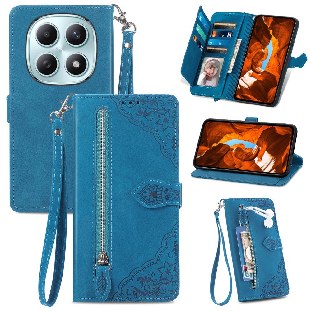 Xiaomi Redmi Note 15 5G/Poco M8 5G Flower Zipper Θήκη Πορτοφόλι Blue