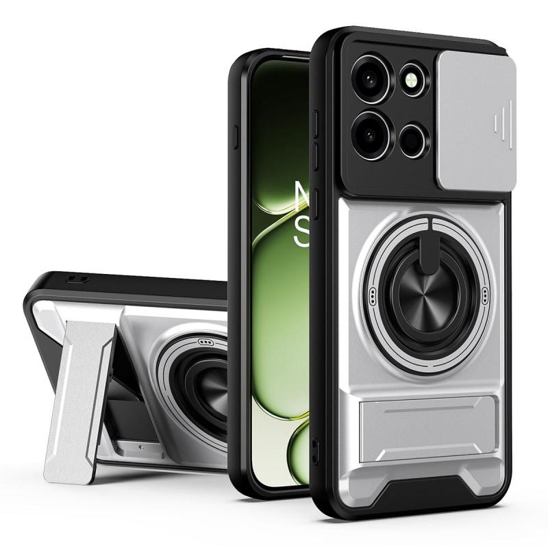 OnePlus Nord 6 5G Sliding Camshield Σκληρή Θήκη με Δαχτυλίδι και Stand Silver