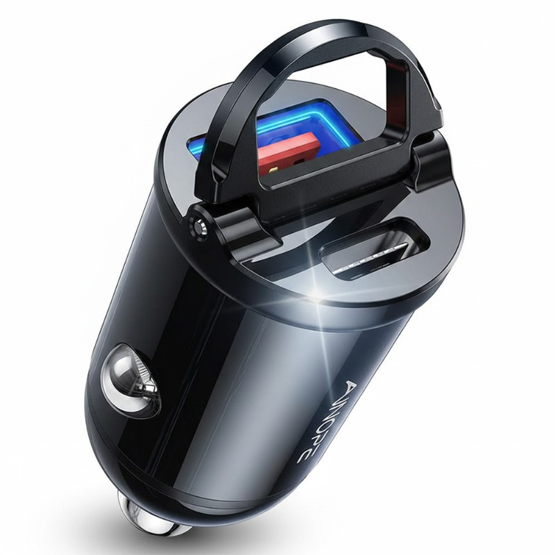 Ainope YA0222080015 Ring Φορτιστής Αυτοκινήτου 30W με Θύρες: 1xUSB 1xType-C Black