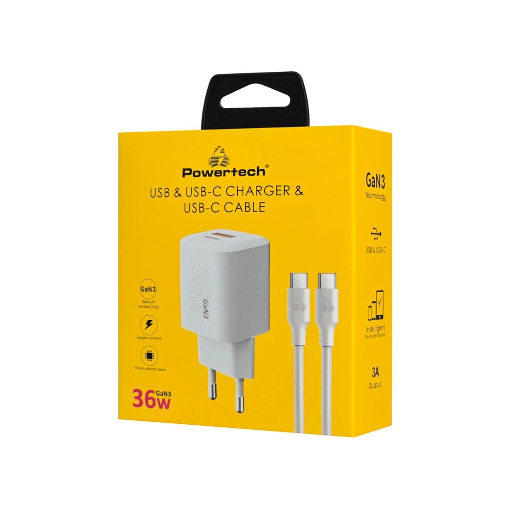 Powertech PT-1351 Φορτιστής με Καλώδιο 1m με Θύρα USB-A και Θύρα USB-C 36W White