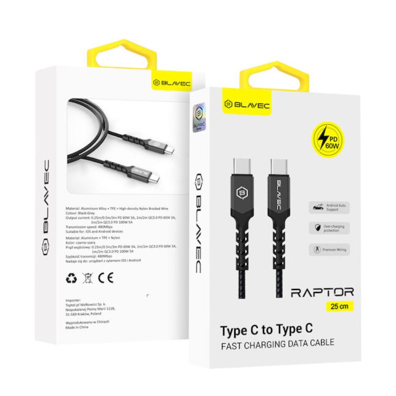 Blavec CRA-CC3BG025 Type-C σε Type-C 60W - 0.25m Black