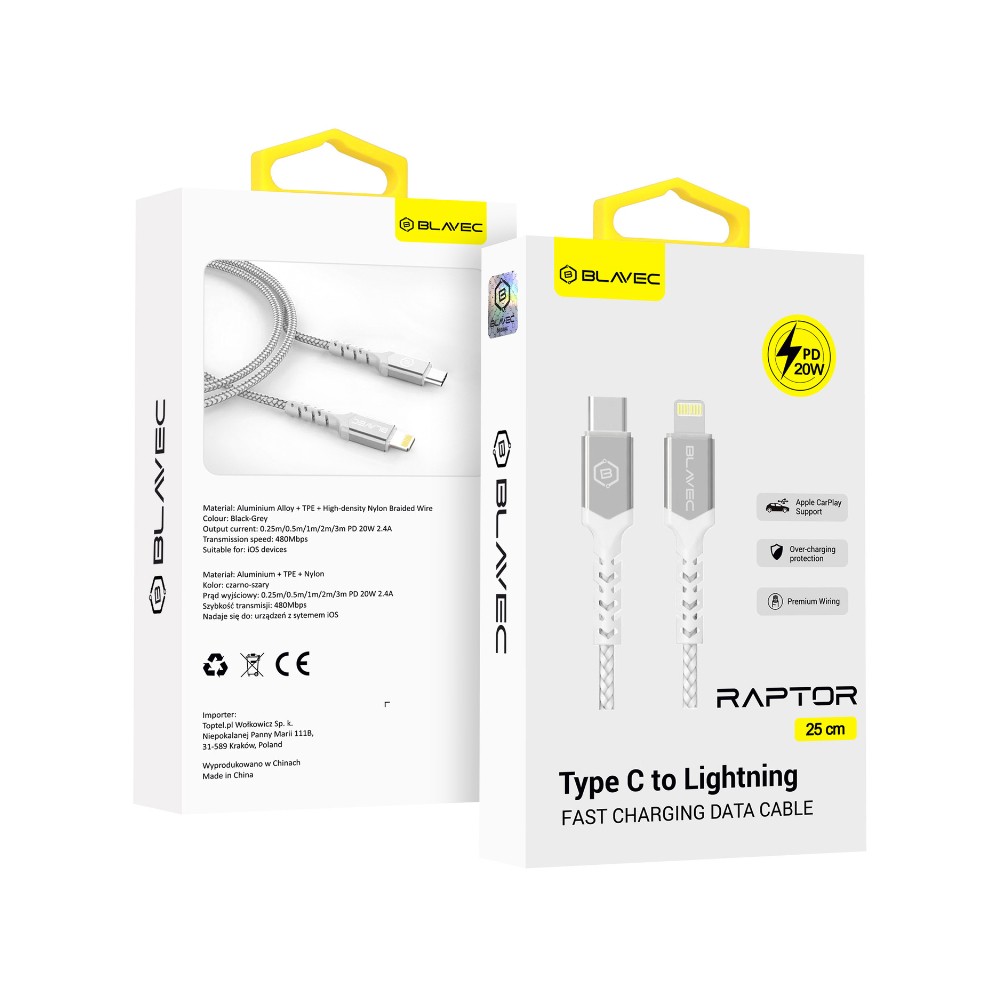 Baseus CRA-CL24WS025 Cafule Braided Type-C to Lightning 20W - 0.25m White/Silver