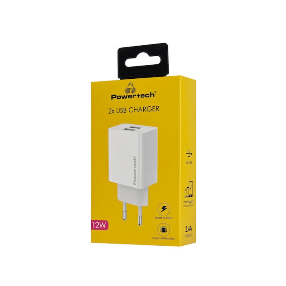 Powertech PT-1493 Φορτιστής Χωρίς Καλώδιο με 2xUSB-A 12W White