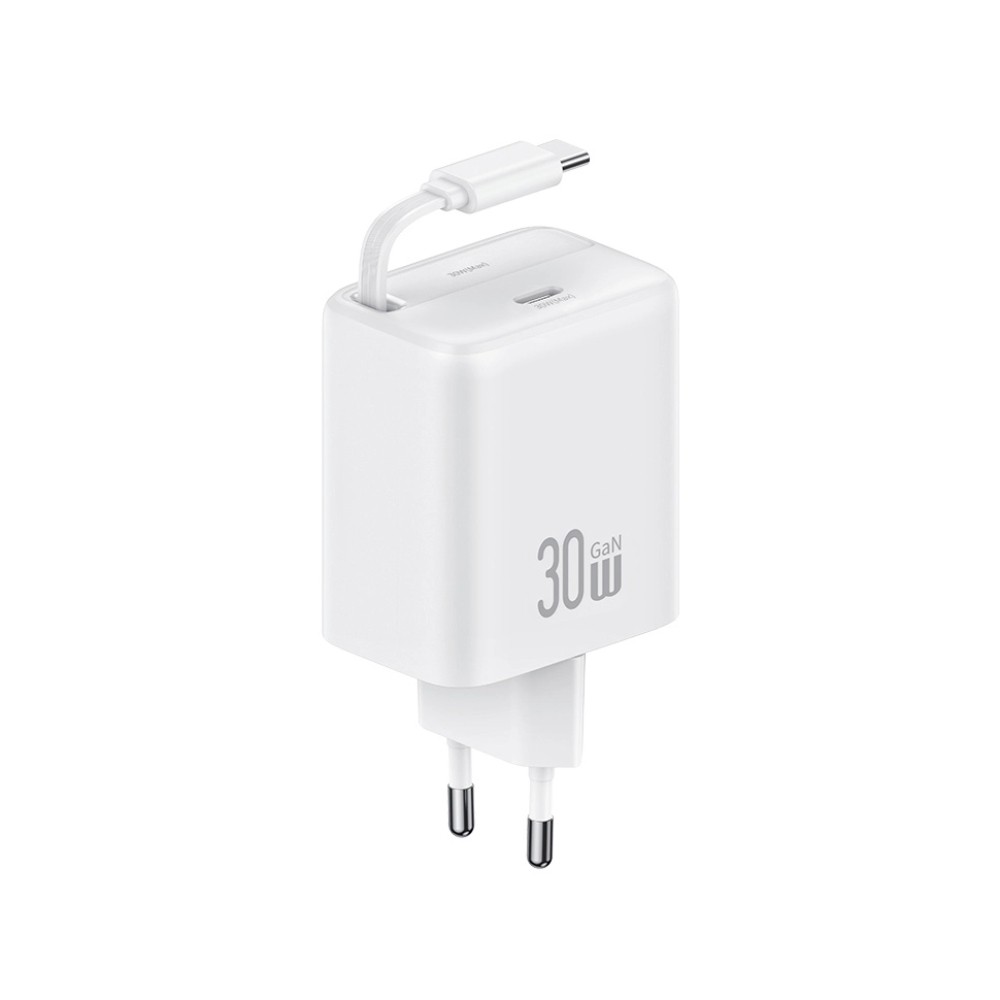 USAMS CC241TC02 Φορτιστής με Ενσωματωμένο Καλώδιο GaN & USB-C 30W Quick Charge 3.0 White