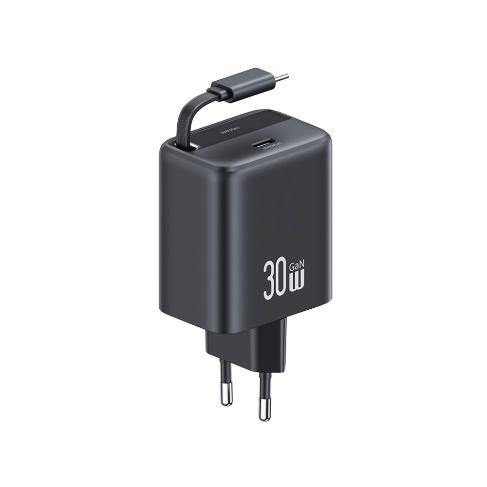 USAMS CC241TC01 Φορτιστής με Ενσωματωμένο Καλώδιο GaN & USB-C 30W Quick Charge 3.0 Black